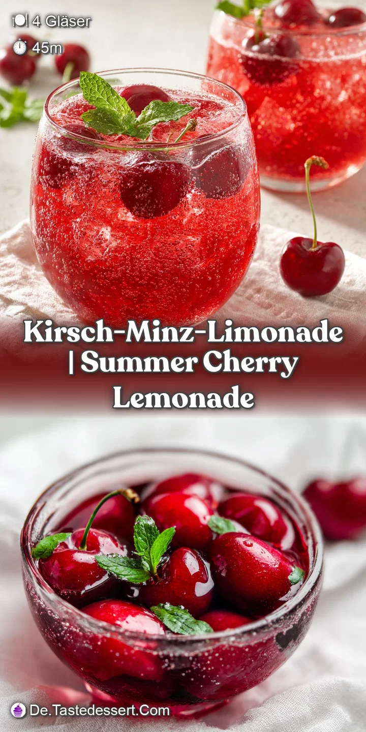 Nahaufnahme von prickelnden roten Bl&auml;schen, gl&auml;nzenden Kirschen und eiskalten W&uuml;rfeln in einem Glas mit Minze.