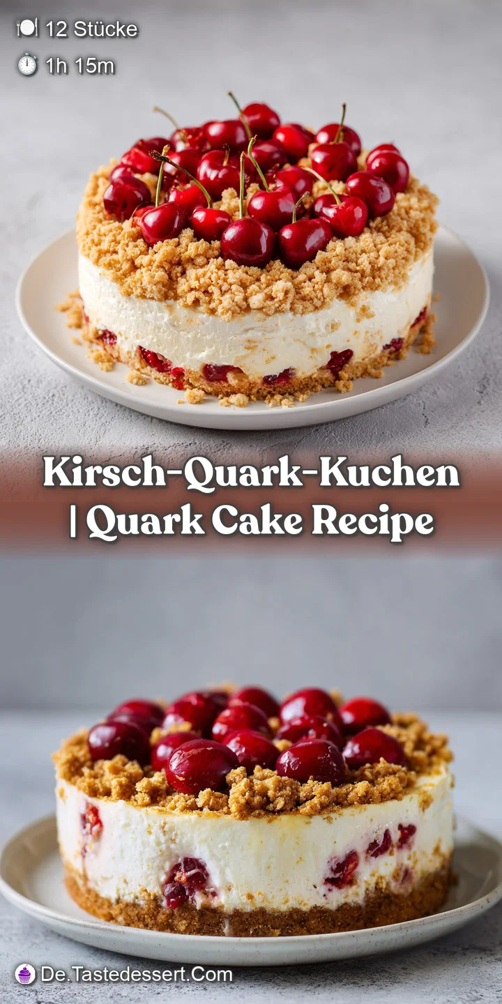 Detailansicht von gl&auml;nzenden, tiefroten Kirschen, eingebettet in luftigen wei&szlig;en Quark und groben, goldbraunen Kr&uuml;meln.