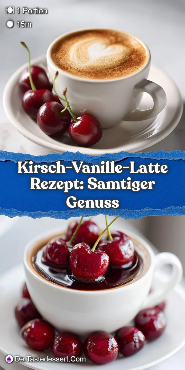 Close-up of a luscious latte, its cherry swirl a vibrant contrast to the velvety vanilla and cocoa powder.