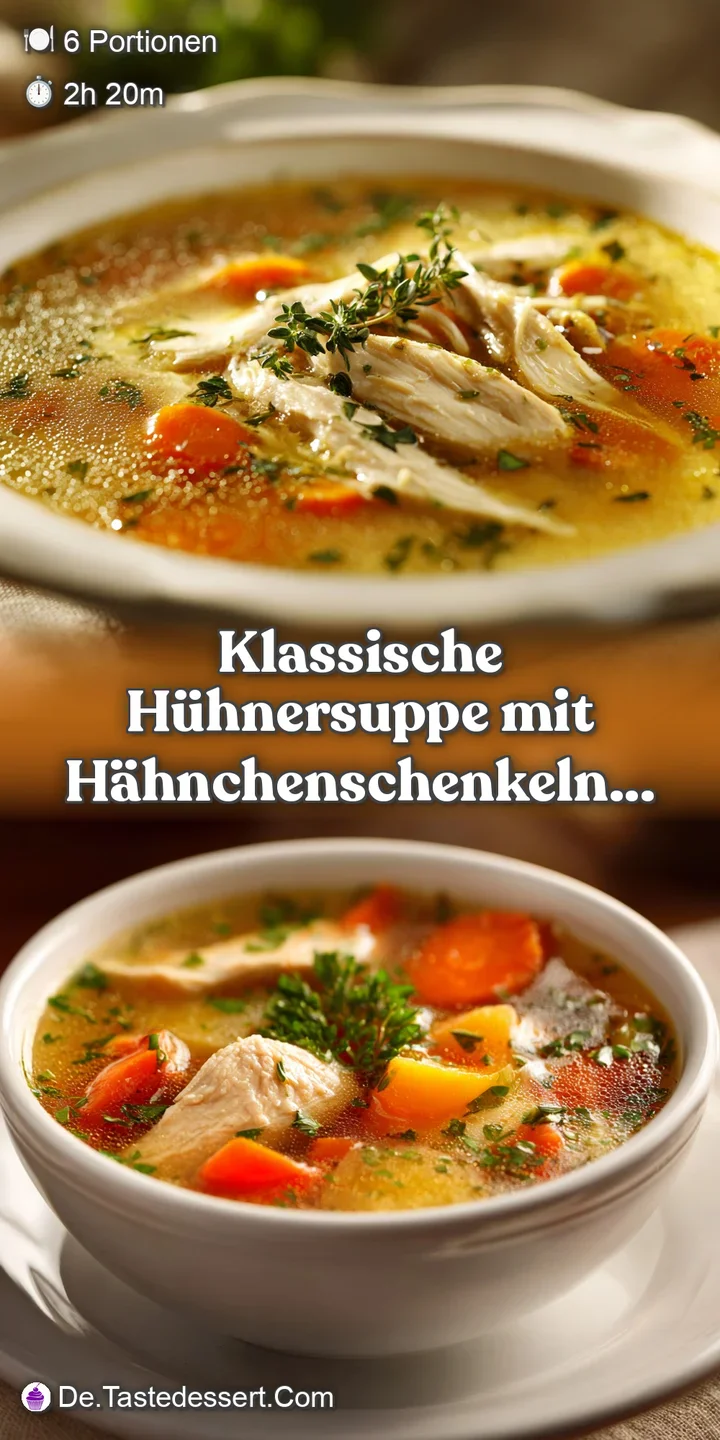 Close-up of simmering chicken soup, showcasing glistening broth, soft chicken, and colorful diced carrots and celery.