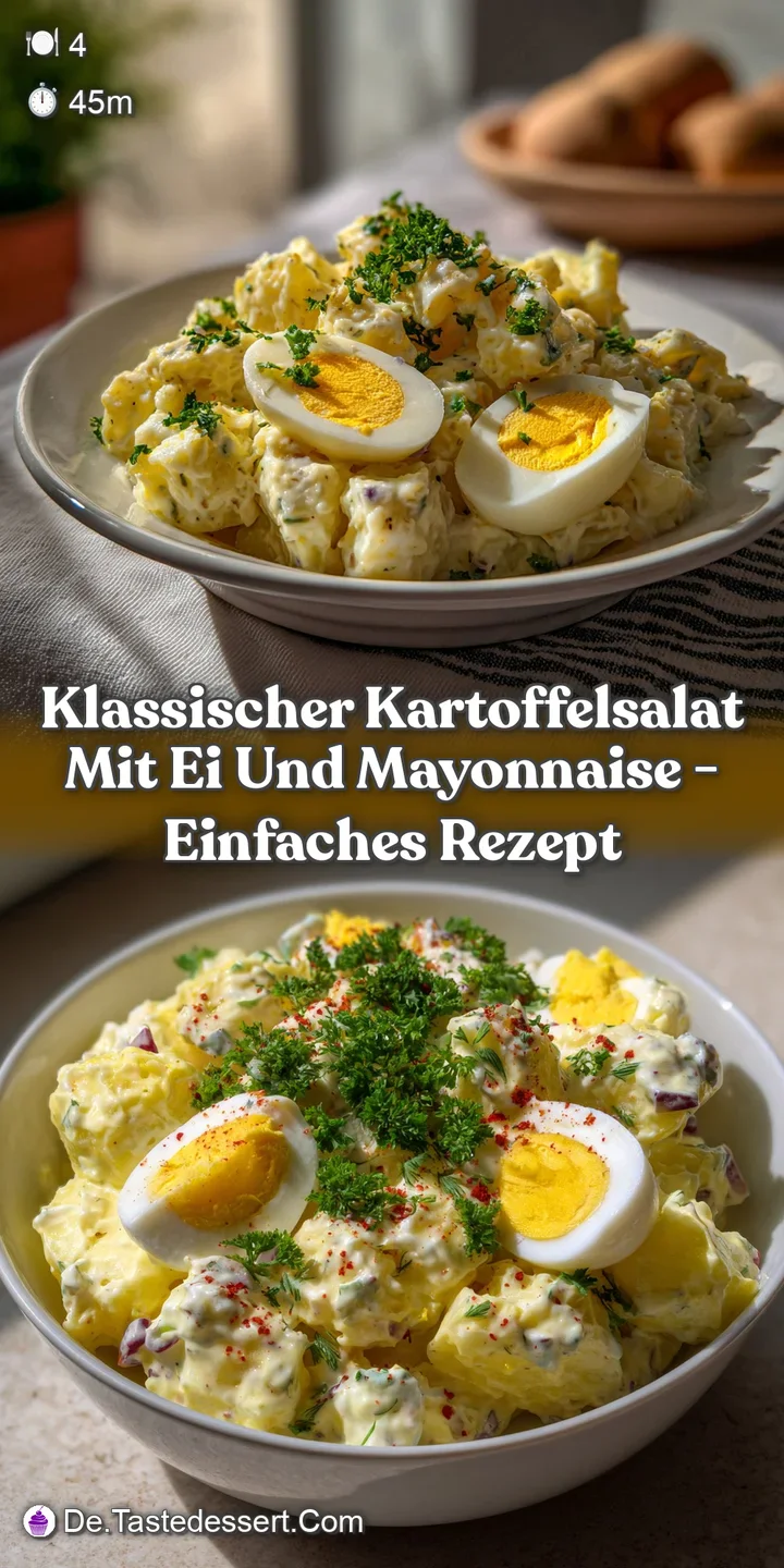 Close-up of creamy potato salad, showcasing the texture of the mayonnaise and the bright yellow of the egg yolks, inviting...