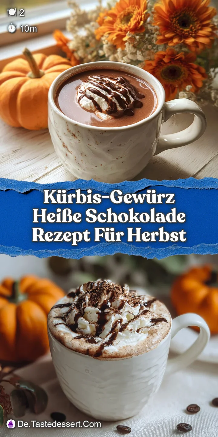 Creamy, swirling hot chocolate with a velvety texture, hints of pumpkin spice, topped with melting whipped cream and spice...