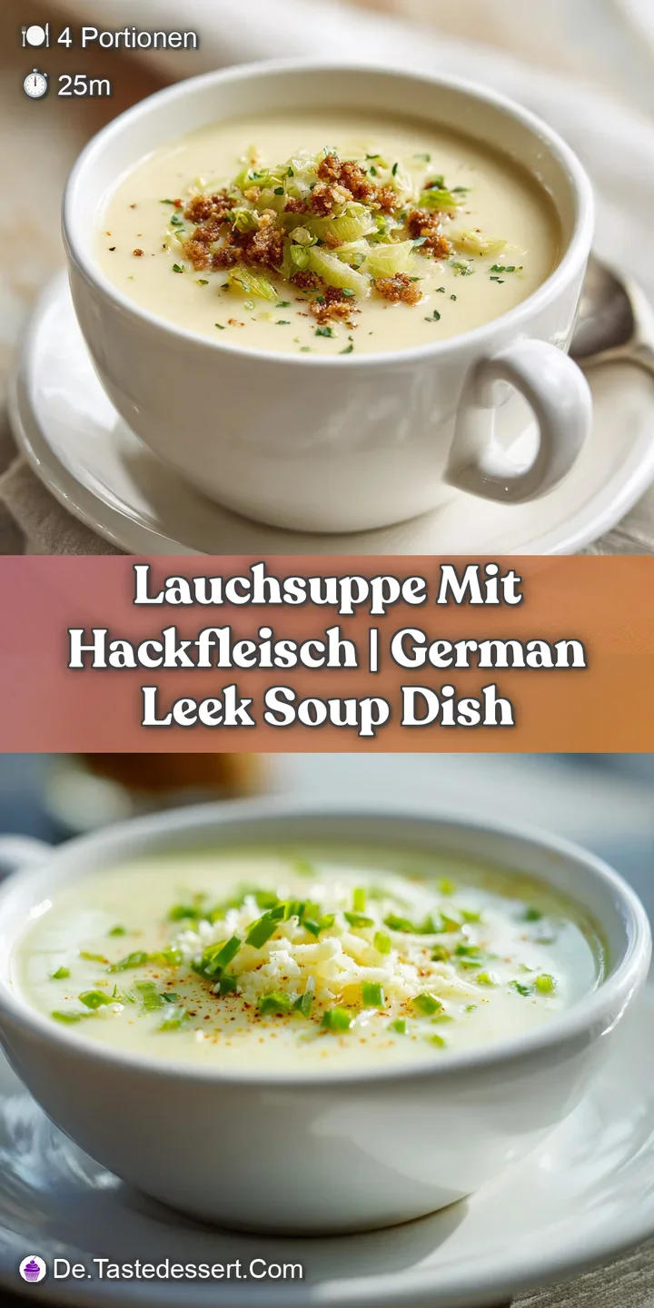 Close-up shot of creamy leek soup with ground meat, highlighting the textures of the softened leeks and savory broth with ...