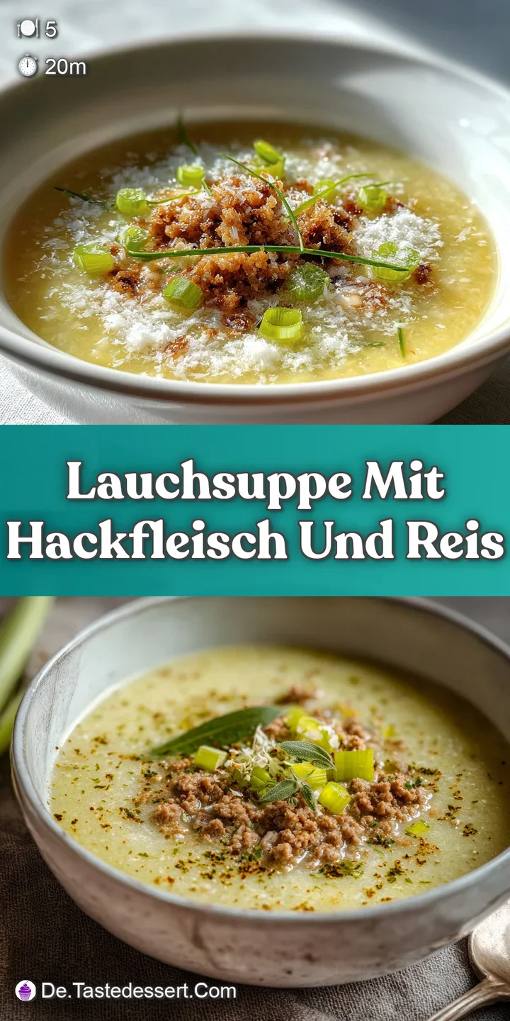 Close-up of creamy leek soup with savory ground meat, highlighting the textures of the ingredients. A hearty and warm bite.