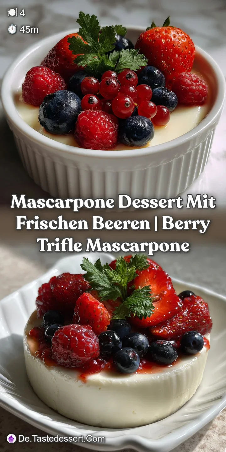 Close-up of a luscious dessert, showing creamy mascarpone layered with bright red berries, hinting at a cool, refreshing, ...
