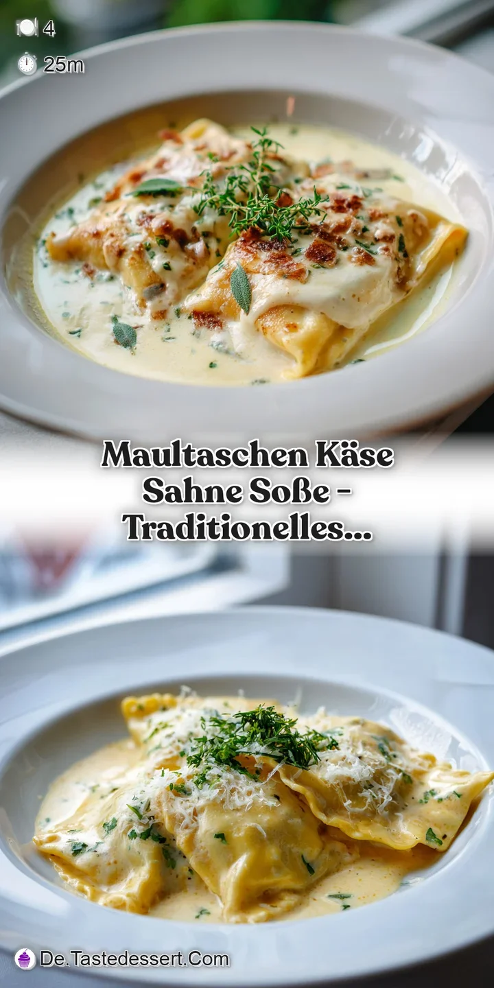 Close-up of tender Maultaschen coated in rich, melted cheese sauce, glistening and inviting.