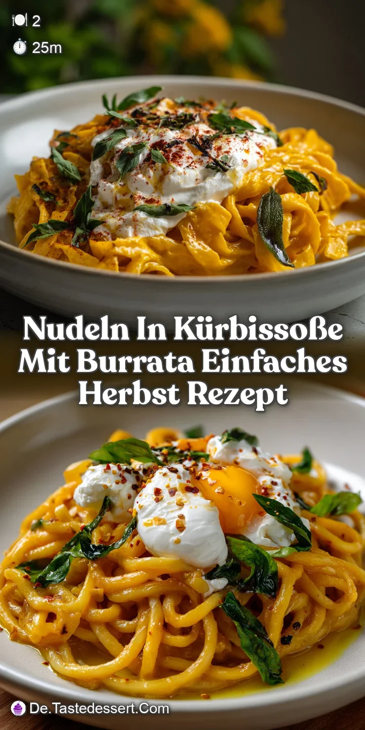 Close-up of pasta with velvety pumpkin sauce, a dollop of burrata cheese, and freshly chopped herbs. Warm, inviting, and a...