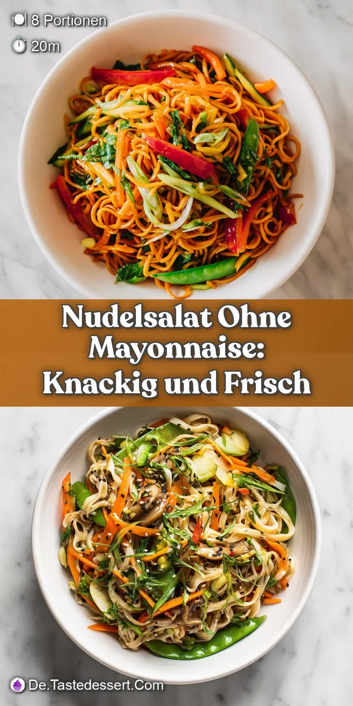 Close-up of vibrant noodle salad, showcasing the contrasting textures and bright colors of the vegetables and perfectly co...