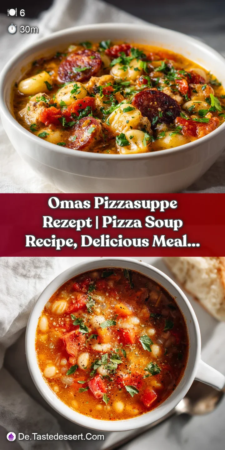 Close-up of pizza soup highlighting the melted, browned cheese and glistening ground beef. Simmering and delicious.