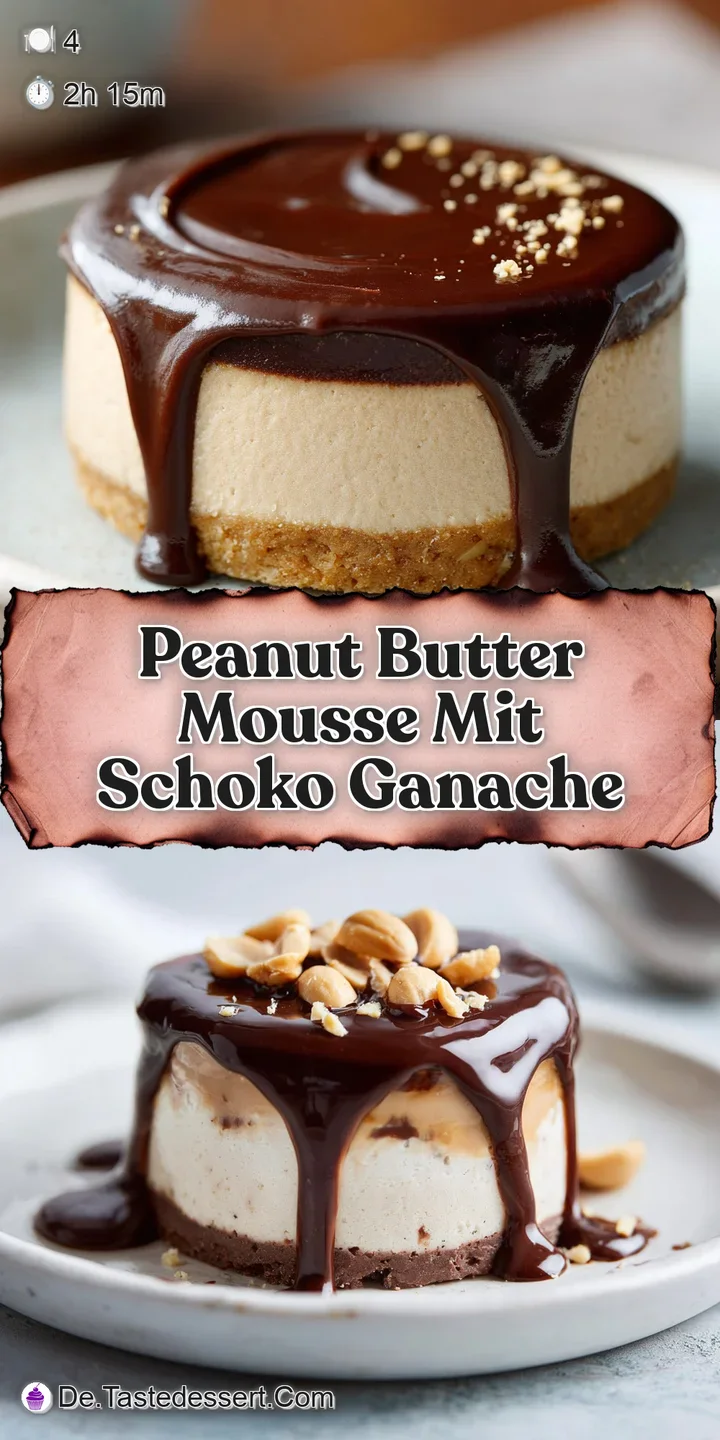 Close-up of a rich, dark chocolate ganache, its smooth surface gleaming above a light and airy peanut butter mousse filling.