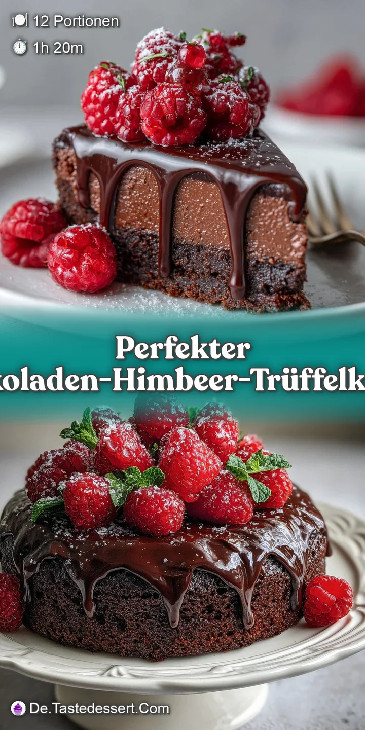 Close-up of a moist chocolate cake, plump raspberries nestled within. Shiny ganache hints at a soft, melt-in-your-mouth te...