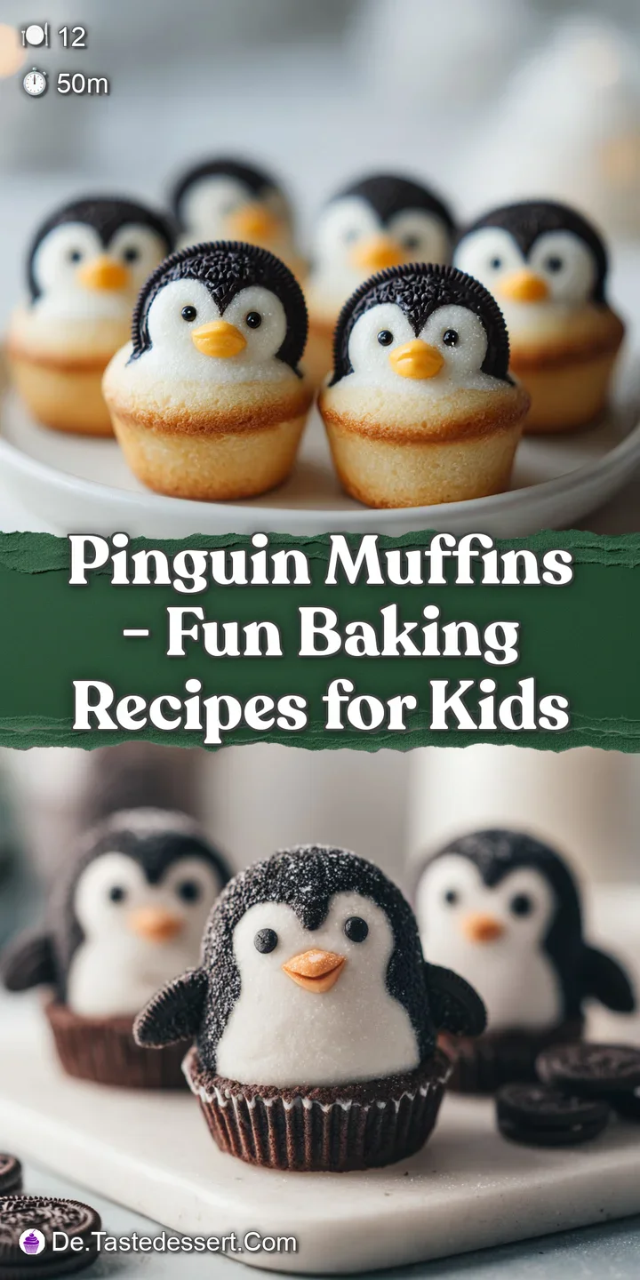 Close-up of a fluffy muffin with a playful penguin face made from dark frosting and white chocolate chips.