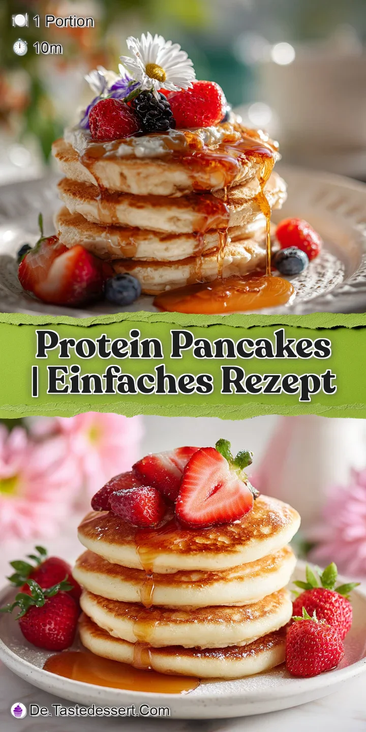 Close-up of a protein pancake stack. Notice the airy texture, light golden color, and a droplet of maple syrup.