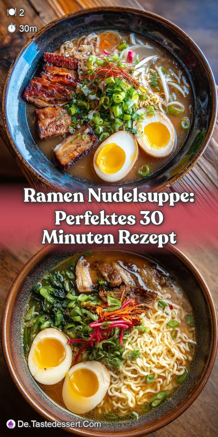 Close-up of ramen noodles glistening in a creamy broth, with toppings like soft-boiled egg and sliced pork belly.