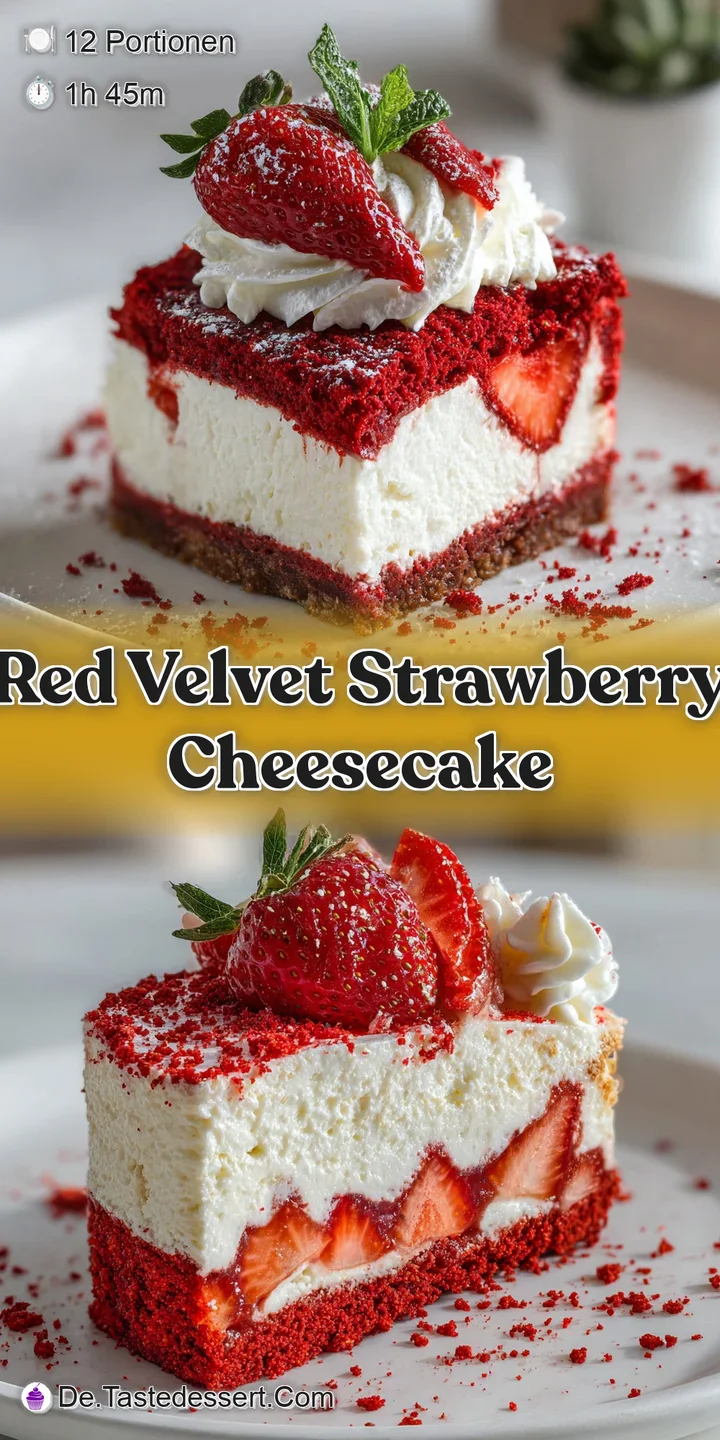 Close-up of red velvet cheesecake revealing moist crumb and creamy layers. Fresh strawberry adds a pop of color and a juic...