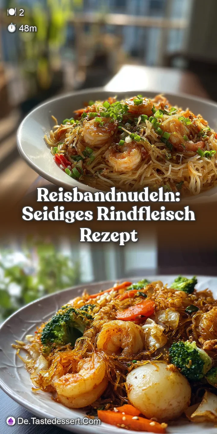 Close-up of glistening rice noodles with caramelized sauce. Toasted sesame seeds and fresh scallions add texture and color.