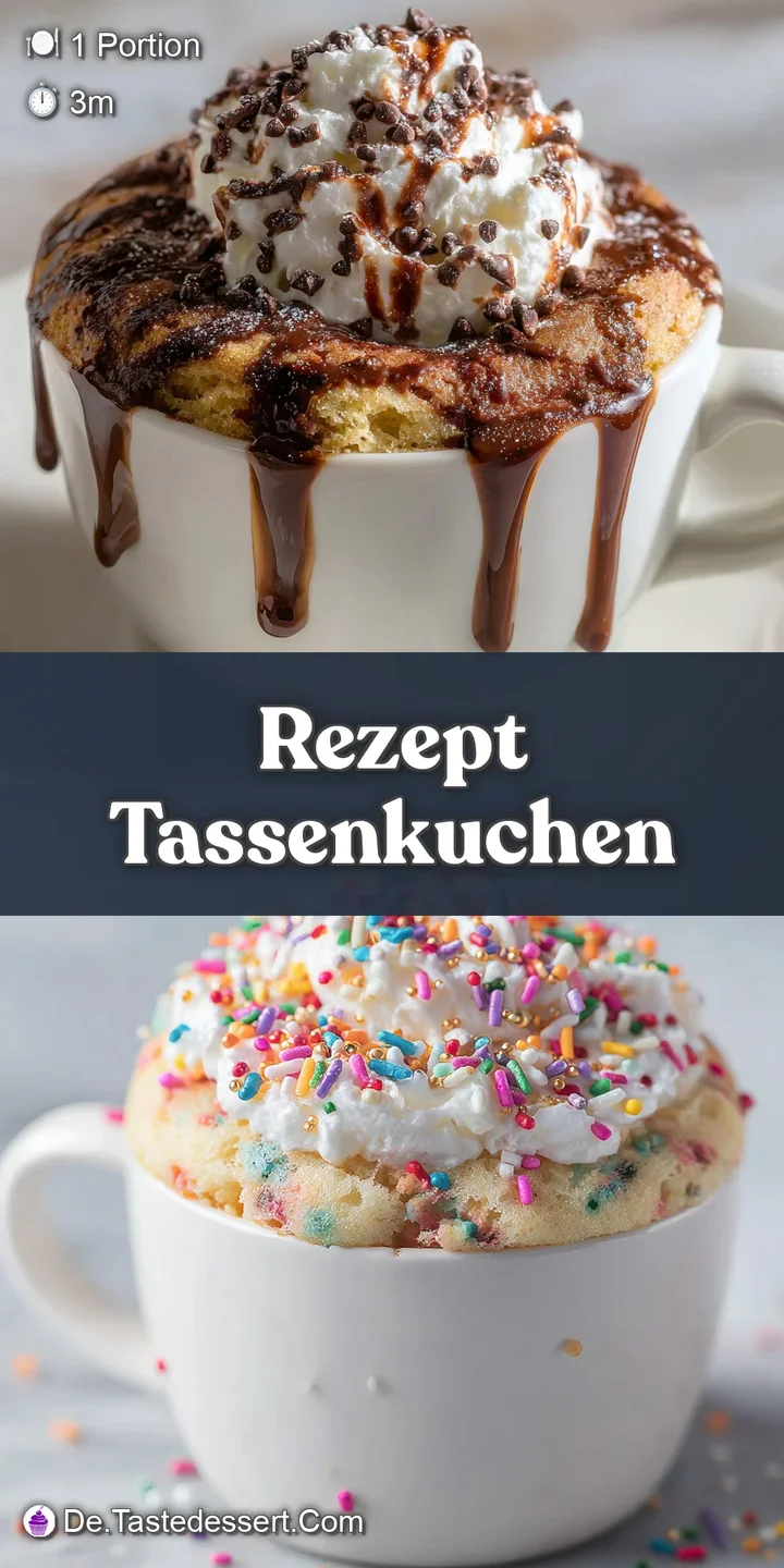 Close-up shows the incredibly soft, airy texture of the golden-brown mug cake. Slight steam and powdered sugar create a mo...