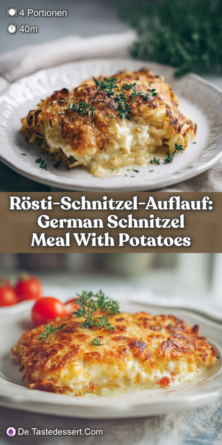 Close-up of a cheesy potato and schnitzel bake, oozing with melted cheese and showing the golden-brown, crispy edges.