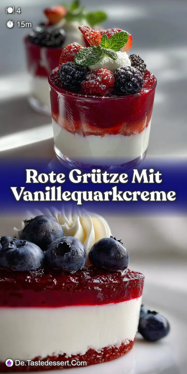 Close-up showcasing the glistening surface of Rote Gr&uuml;tze and the smooth texture of the Quark. Steam suggests just-right c...