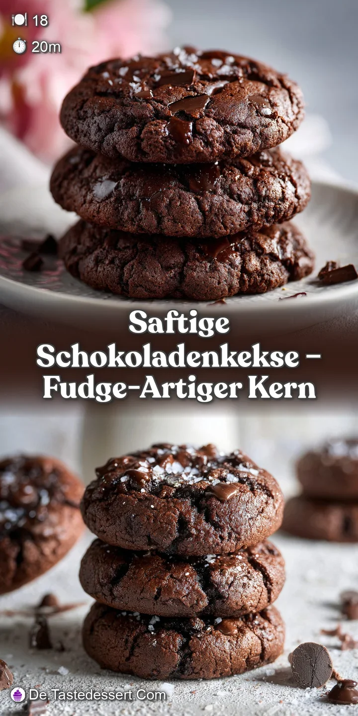 Close-up of a dark chocolate cookie with a cracked, matte surface and shiny, partially melted chocolate chunks peeking thr...