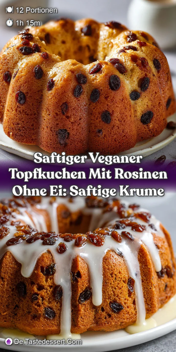 Close-up of a vegan cake slice, highlighting the soft texture, golden crust, and plump raisins within the moist, inviting ...