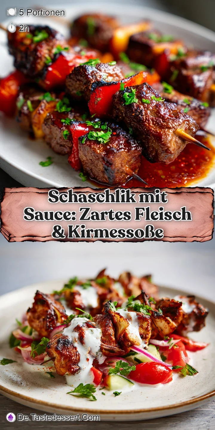 Close-up of juicy Schaschlik, glistening with a savory sauce, revealing tantalizing char marks and tender meat textures.