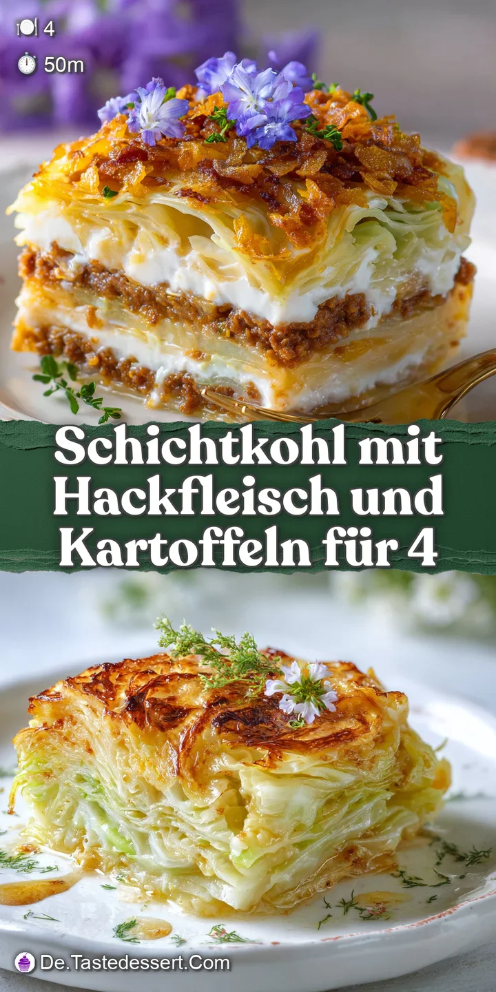 Close-up of Schichtkohl, showcasing the tender texture of the cabbage and the rich, browned meat. Savory and deeply satisf...