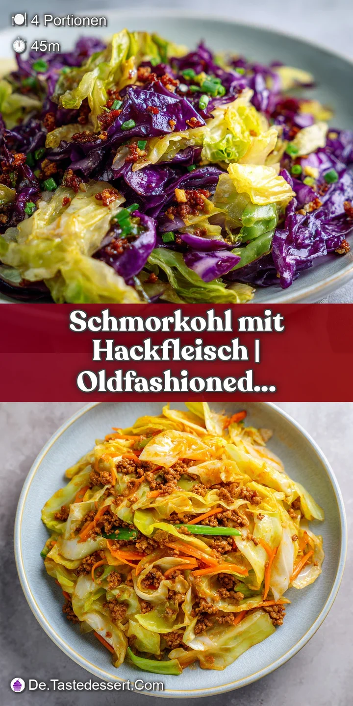Close-up of savory cabbage and ground meat in a glistening brown sauce, showing tender textures.
