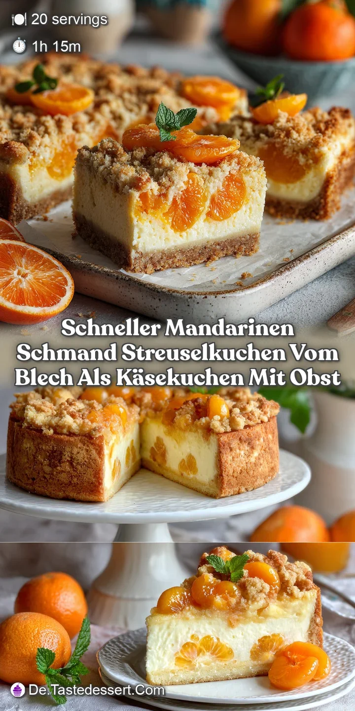 Close-up of the cake reveals a tender, moist interior with visible pieces of mandarin oranges, contrasted by the crunchy, ...