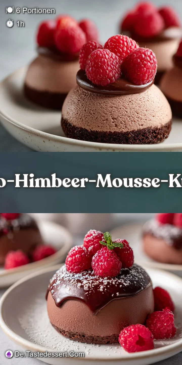 Close-up of a chocolate mousse dome revealing a smooth, velvety texture, surrounded by juicy, bright red raspberries. Irre...
