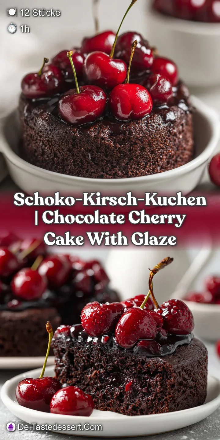 Nahaufnahme von saftigem, dunkelbraunem Teig mit gl&auml;nzender Schokoglasur und einer tiefroten, saftigen Kirschbeere.
