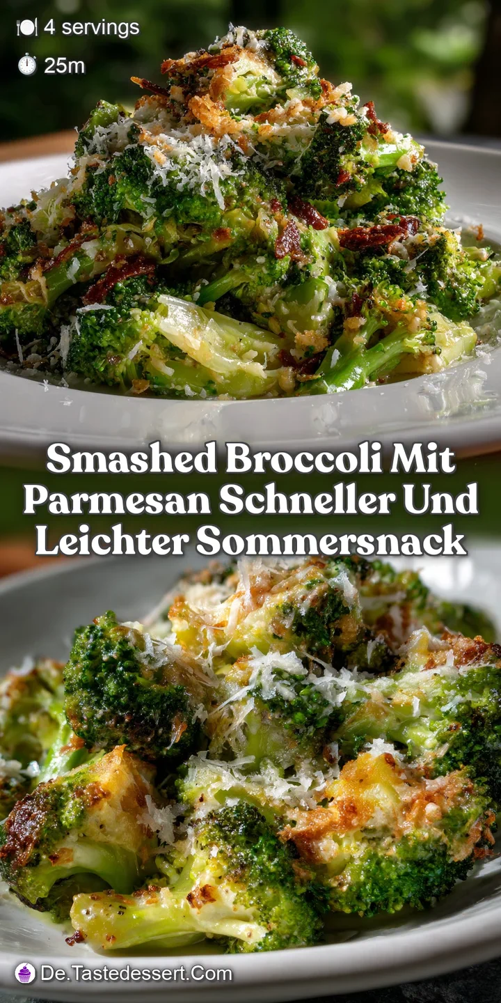 Close-up of smashed broccoli, glistening with olive oil and speckled with Parmesan, a textural delight: crispy edges contr...