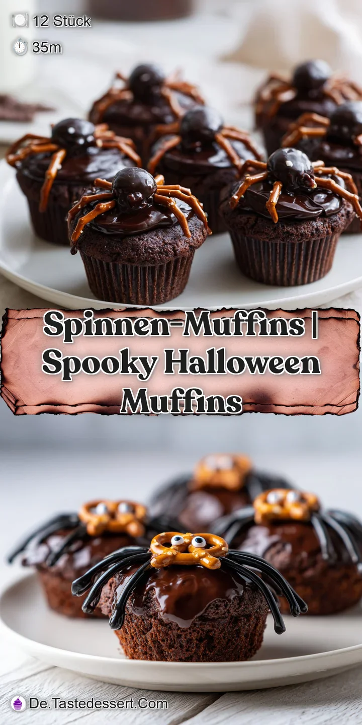 Nahaufnahme eines fluffigen, dunklen Muffins mit cremiger Schokoglasur, knackigen Beinchen und einem gl&auml;nzenden Auge.