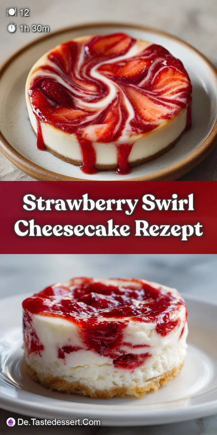 Close-up of a strawberry cheesecake, highlighting the smooth texture, vibrant red swirls, and the creamy, rich appearance.