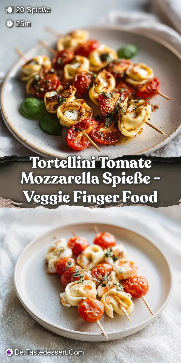 Close-up of plump tortellini, juicy cherry tomatoes, and creamy mozzarella balls on a skewer, lightly drizzled.