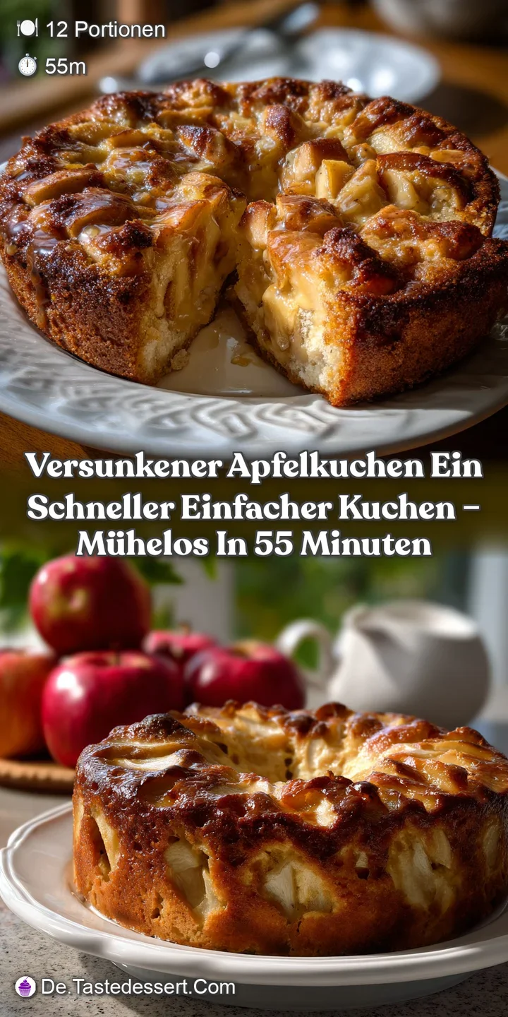 Close-up of a rustic apple cake, boasting a golden crust with a soft, inviting crumb, dusted lightly with powdered sugar.