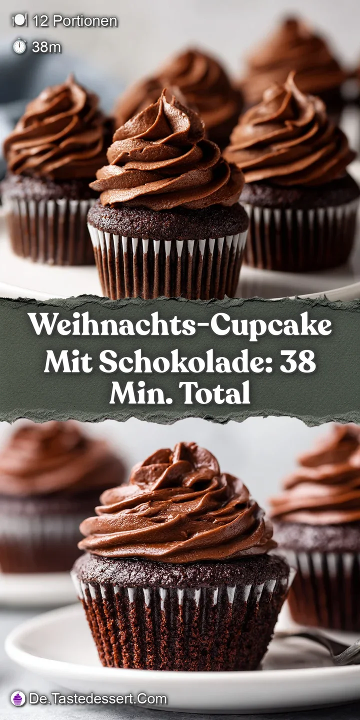 Close-up of a rich chocolate cupcake with swirls of dark chocolate frosting, accented by red and green festive candy decor...