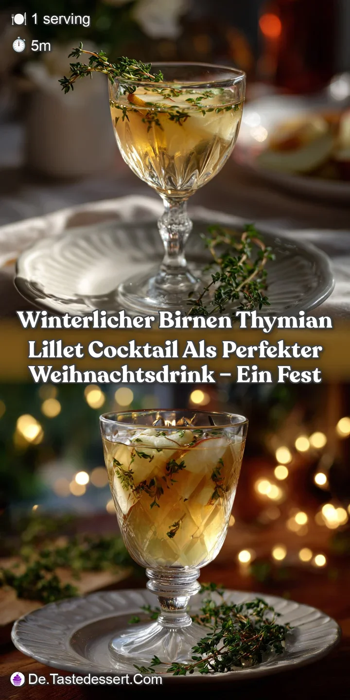 Close-up of a cocktail: golden liquid, fresh pear slice, vibrant green thyme sprig, condensation on the glass, inviting an...