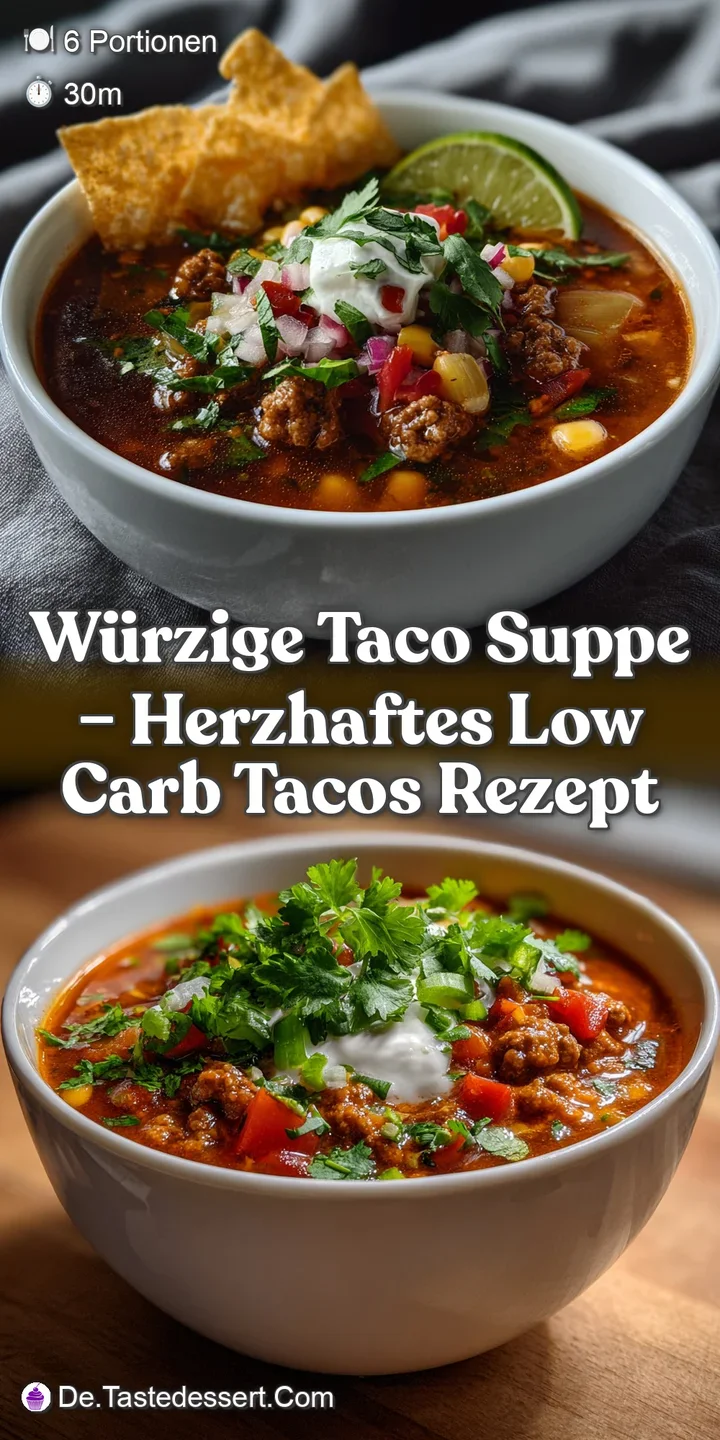 Close-up view of the savory taco soup, featuring a rich, dark broth with visible chunks of vegetables and seasoned ground ...