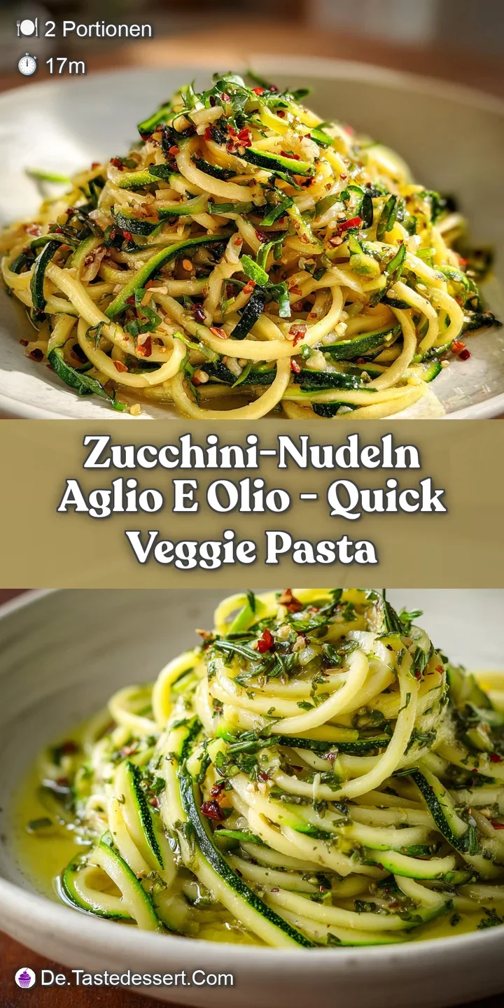 Close-up shows the texture of the zucchini noodles, glossed with oil, dotted with red pepper and bright green herbs.