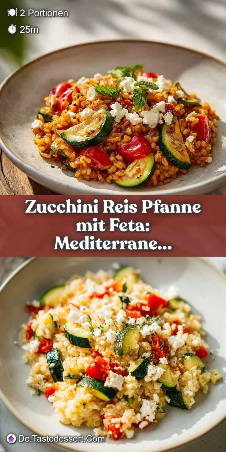 Close-up captures the textures of the zucchini rice skillet. See the soft feta, plump grains of rice, and glistening veget...