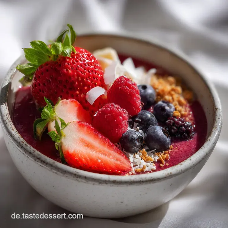 Creamy pink smoothie bowl topped with fresh berries, chia seeds, and crunchy granola, elegantly presented in a white bowl.