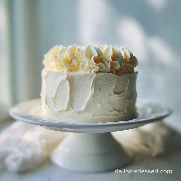 Elegant white cake with a thick coating of buttercream frosting. Rosettes create a delicate, textured surface, promising a...
