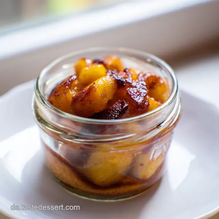 Acht kleine Gl&auml;ser mit Apfelkuchen auf einem rustikalen Holzbrett, dekoriert mit frischen Minzbl&auml;ttern und Zimtstangen.