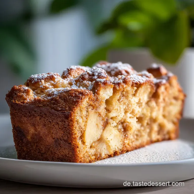 Slice of warm apple cake with flaky edges, topped with vanilla ice cream, and caramel drizzle on a white plate.