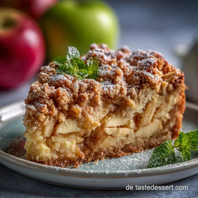 Slice of moist apple cake on a white plate. Cinnamon dusting, warm, soft, and delicious with golden-brown edges.