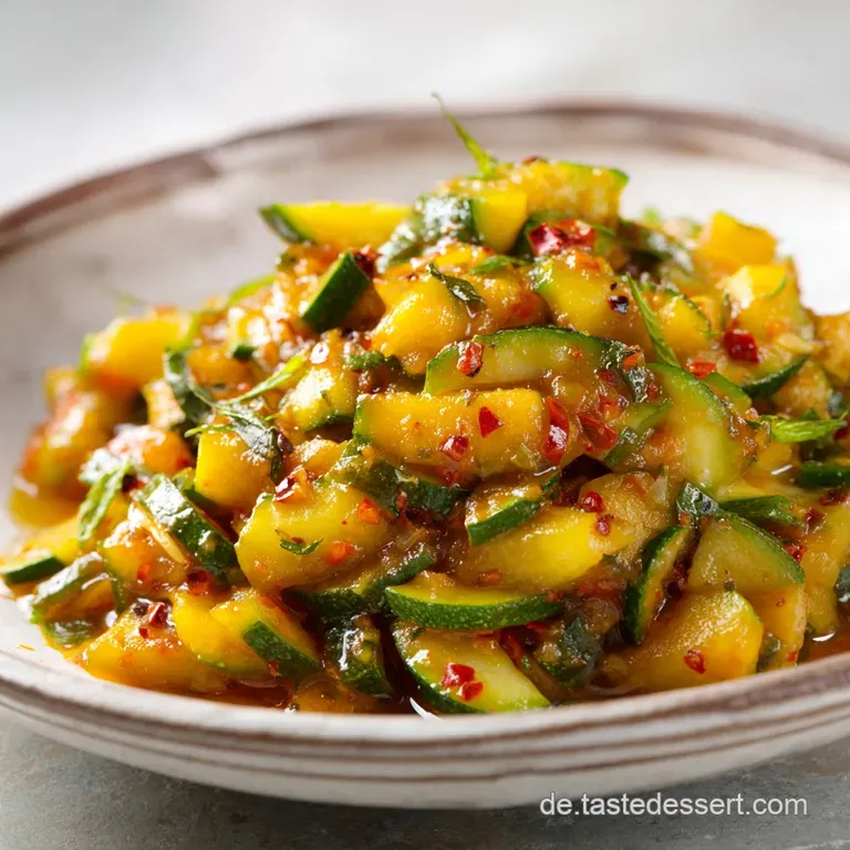Brightly colored zucchini relish served in a white bowl, glistening with a sweet and tangy glaze, ready to eat.