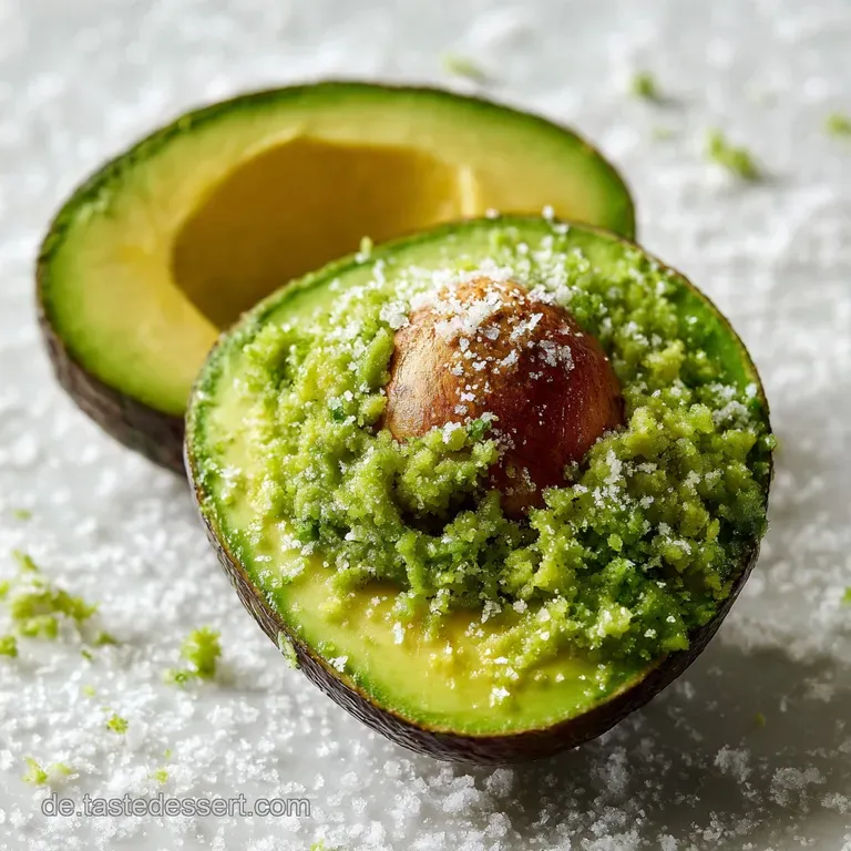 Creamy avocado half glistening with sea salt crystals, simple and fresh, light reflects off the cut surface, promising smo...