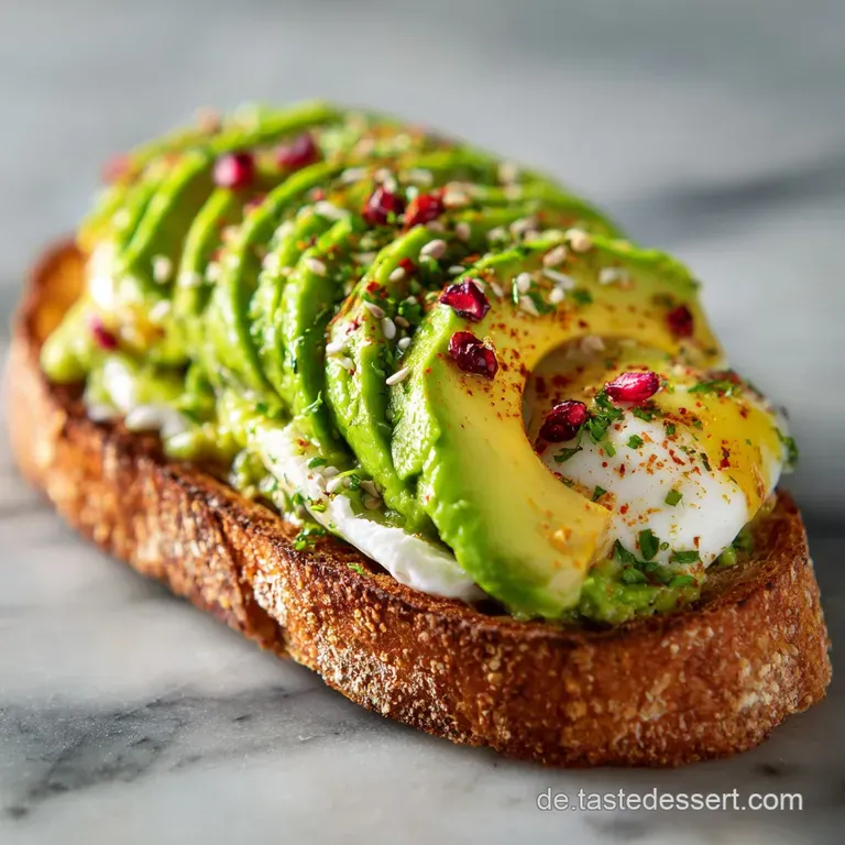 Elegant avocado toast plated with a perfectly poached egg, its golden yolk glistening over the creamy avocado and toasted ...