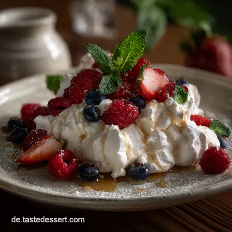 A single portion of the dessert, artfully arranged on a white plate, with a dollop of cream and a scattering of fresh frui...
